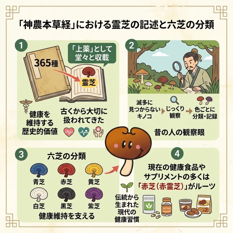 神農本草経における霊芝の記述と六芝の分類